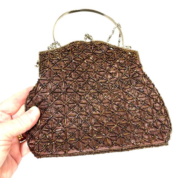 Bonnie Greer & Co coppery brown beaded evening bag clutch purse top handle - Picture 8 of 8